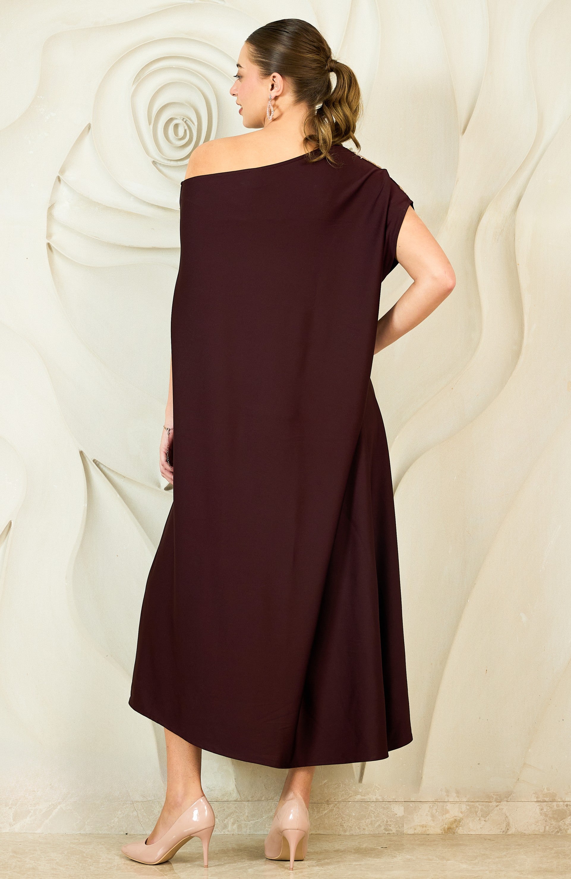 Embroidered One Shoulder Kaftan Maxi Dress