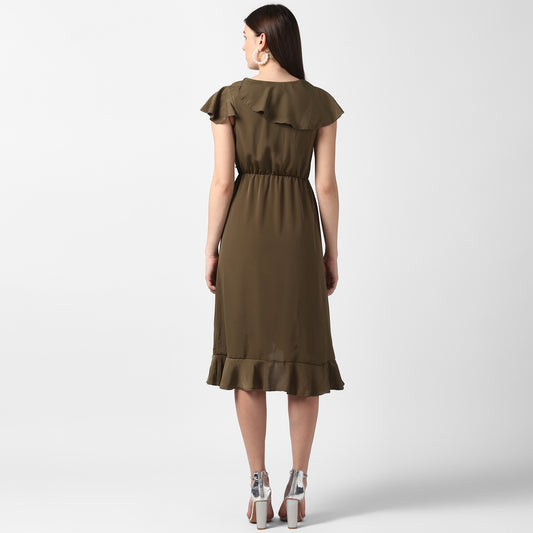 Women's Olive Front Ruffle Dress