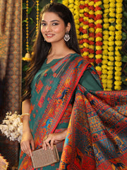 Off White Linen Cotton Saree with Multicolor Ethnic Print – Soft & Lightweight Saree for Festive, Daily, and Office Wear