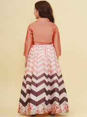 Girls Peach & Brown Zig Zag Flower Digital Print Choli Ready to wear Lehenga
