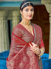 Yellow Red Linen Cotton Saree with Rich Zari Border Festive Wear Saree for Wedding and Party