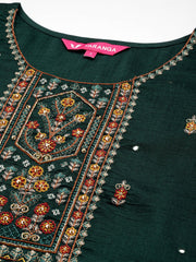 Kalini Women Green Three Quater Sleeve Embroidered Kurta Paired With Sharara And Dupatta