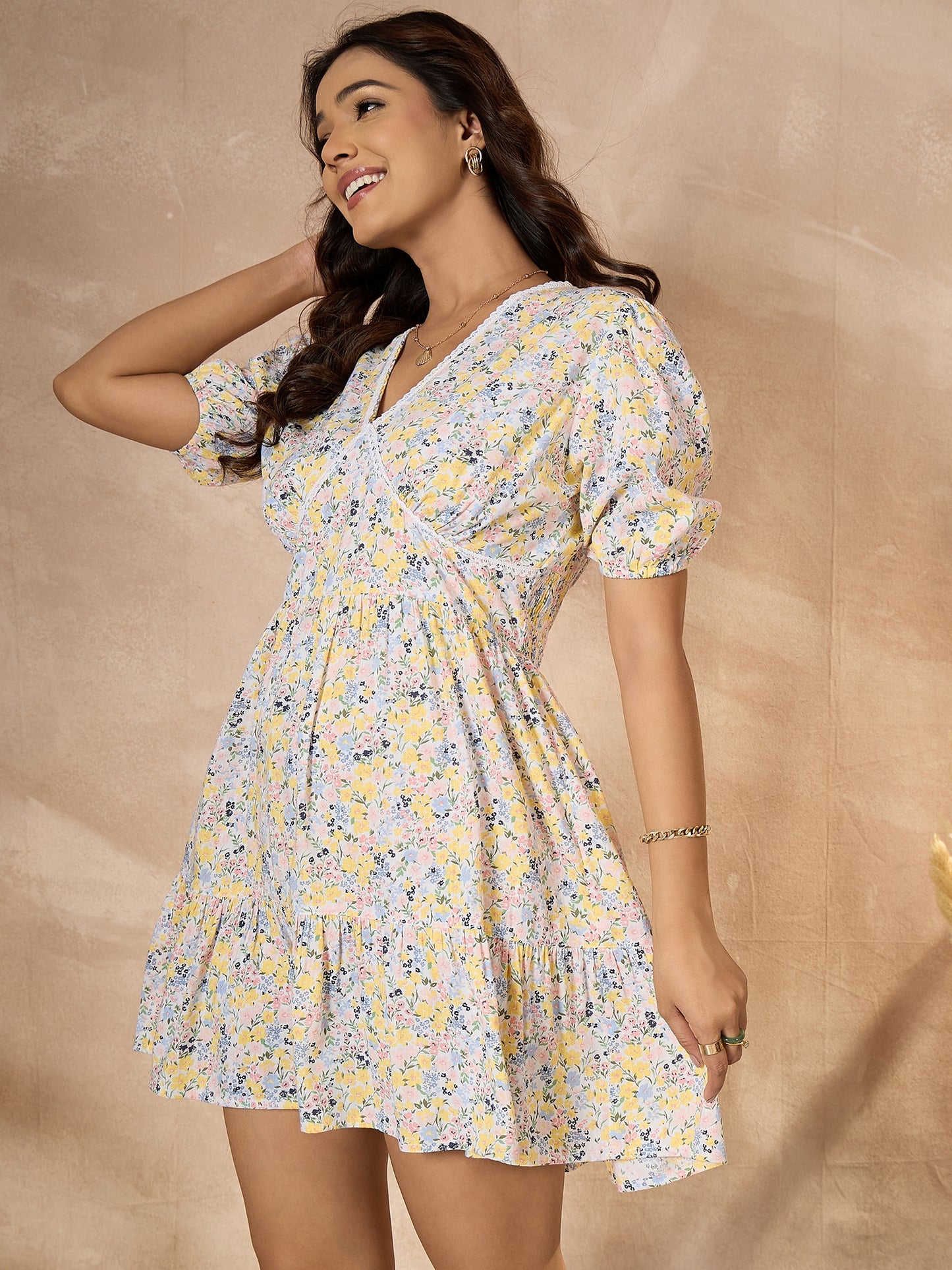 StyleStone Women's Cotton Multi Colored Floral Dress with Lace detail