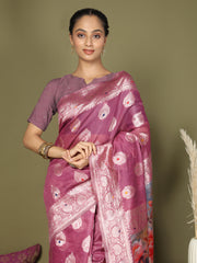 Green Floral Linen Cotton Saree with Zari Border & Digital Printed Pallu – Elegant Sari for Festive Occasions