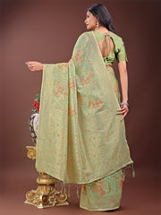 Elegant Orange Linen Cotton Saree with Floral Weave & Soft Gold Pallu – Graceful Choice for Casual, Office & Festive Looks