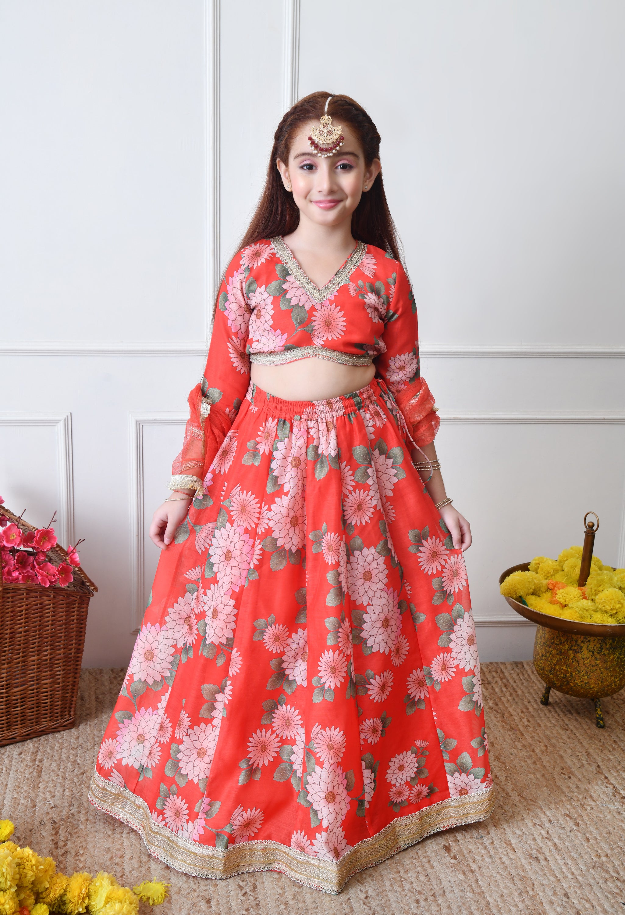 Girls Red Floral Printed Lehenga Choli Set with Net Dupatta