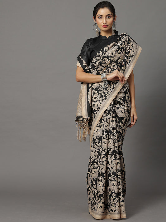 Women's Bhagalpuri Silk Black Printed DesignerSaree With Blouse Piece