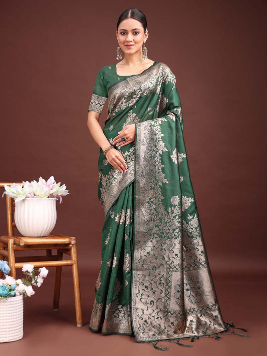 Emerald Green Banarasi Silk Saree with Zari Floral Work – Elegance Woven in Every Thread