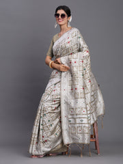 Sky Blue Linen Cotton Saree with Multicolor Elephant & Temple Motifs – Traditional Woven Pallu & Tassels