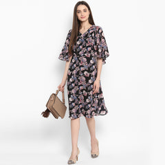 Women's Black Floral Dress with attached Shrug