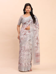Soft Linen Cotton Saree for Women with Blouse | Elegant Cream Beige Saree with Peach Floral Print & Subtle Zari Border | Lightweight Daily & Festive Wear