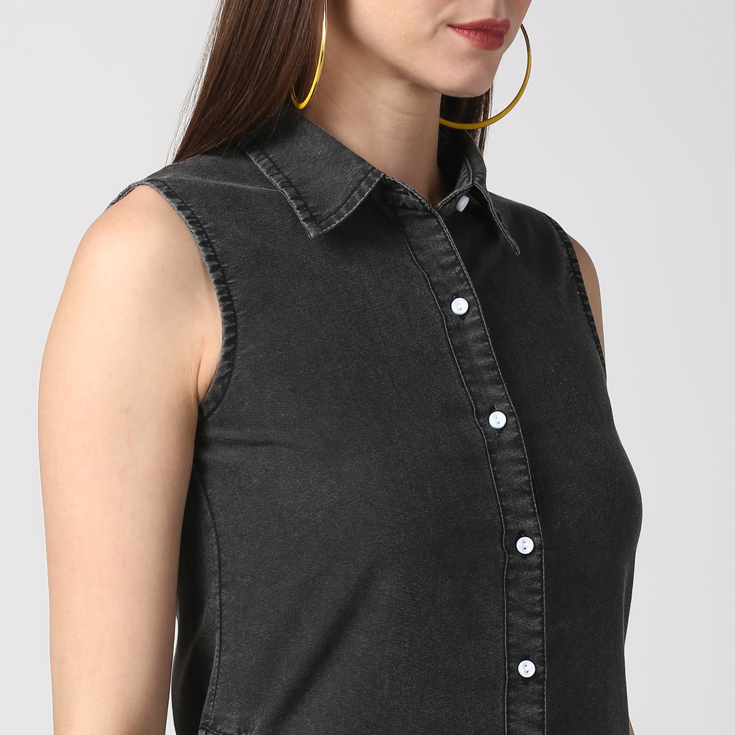 StyleStone Women's Black Denim Dress with Draw String on the Sides