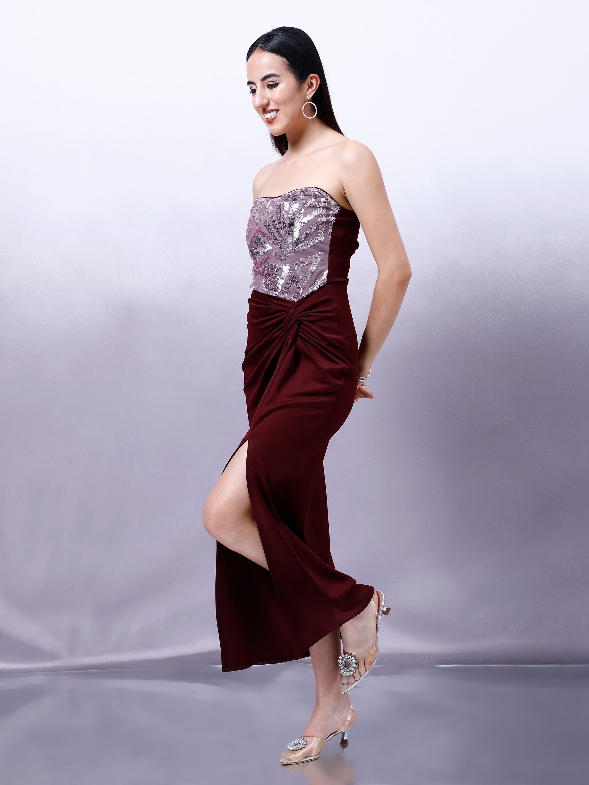 Women Sequinned Embellished Strapless Sheath Maxi Dress