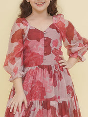 Silk Woven Half Sleeves Floral Print Fit And Flare Ethnic Dress - Maroon