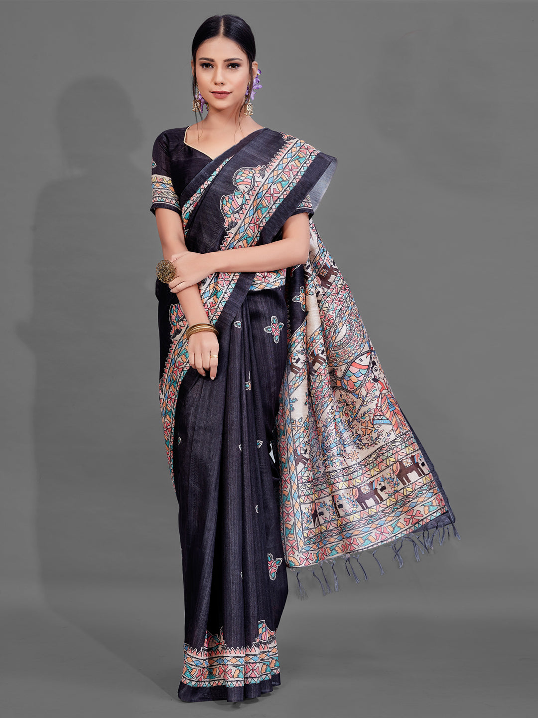 Women's Manipuri Silk Black DigitalPrint DesignerSaree With Blouse Piece