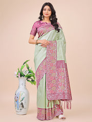 Premium Pink & Sky Blue Floral Woven Lichi Silk Saree with Rich Pallu & Tassels – Festive & Party Wear for Women
