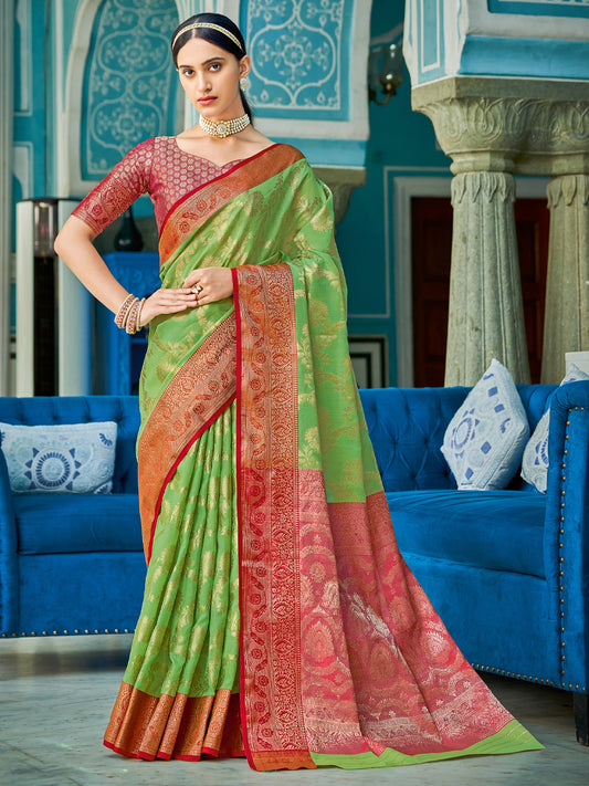 Yellow Red Linen Cotton Saree with Rich Zari Border Festive Wear Saree for Wedding and Party