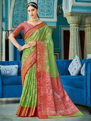 Yellow Red Linen Cotton Saree with Rich Zari Border Festive Wear Saree for Wedding and Party