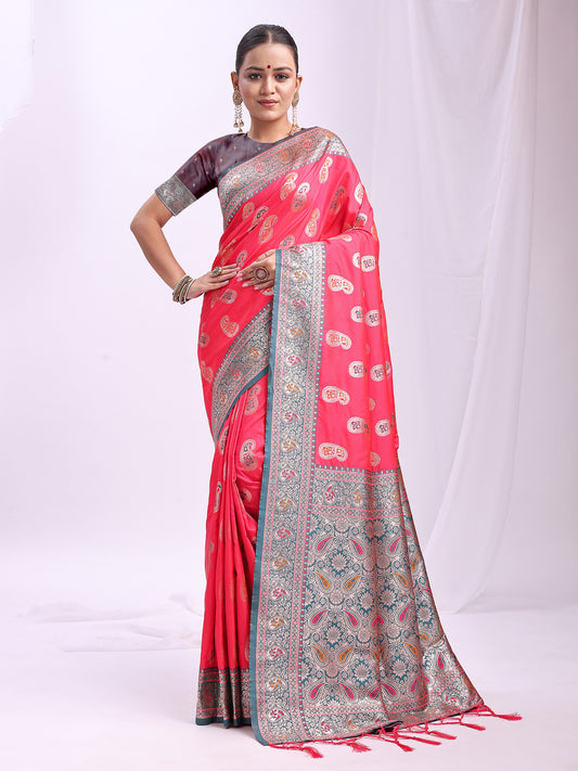 Rose Pink Banarasi Silk Saree with Silver Zari Border & Paisley Design – Festive Wedding Wear | Elegant Traditional Pallu | Soft Silk Finish for Women | Cultural Ethnic Saree