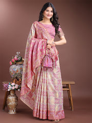 Graceful Beige & Coral Linen Cotton Saree – Lightweight Elegance for Modern Women