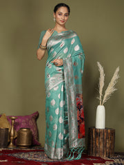 Green Floral Linen Cotton Saree with Zari Border & Digital Printed Pallu – Elegant Sari for Festive Occasions
