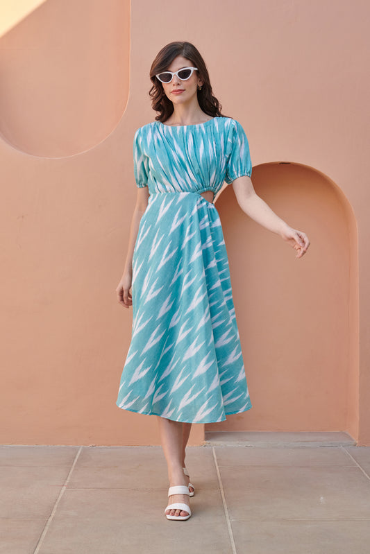 Turquoise Ikat Side Cut Cotton Dress