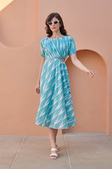 Turquoise Ikat Side Cut Cotton Dress