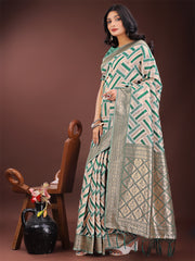 Elegant Pink & Cream Linen Saree with Geometric Design and Zari Border – Festive & Party Wear