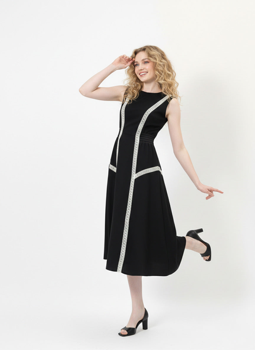 Black Pure Cotton Smocked Lace Dress-ADR-19731