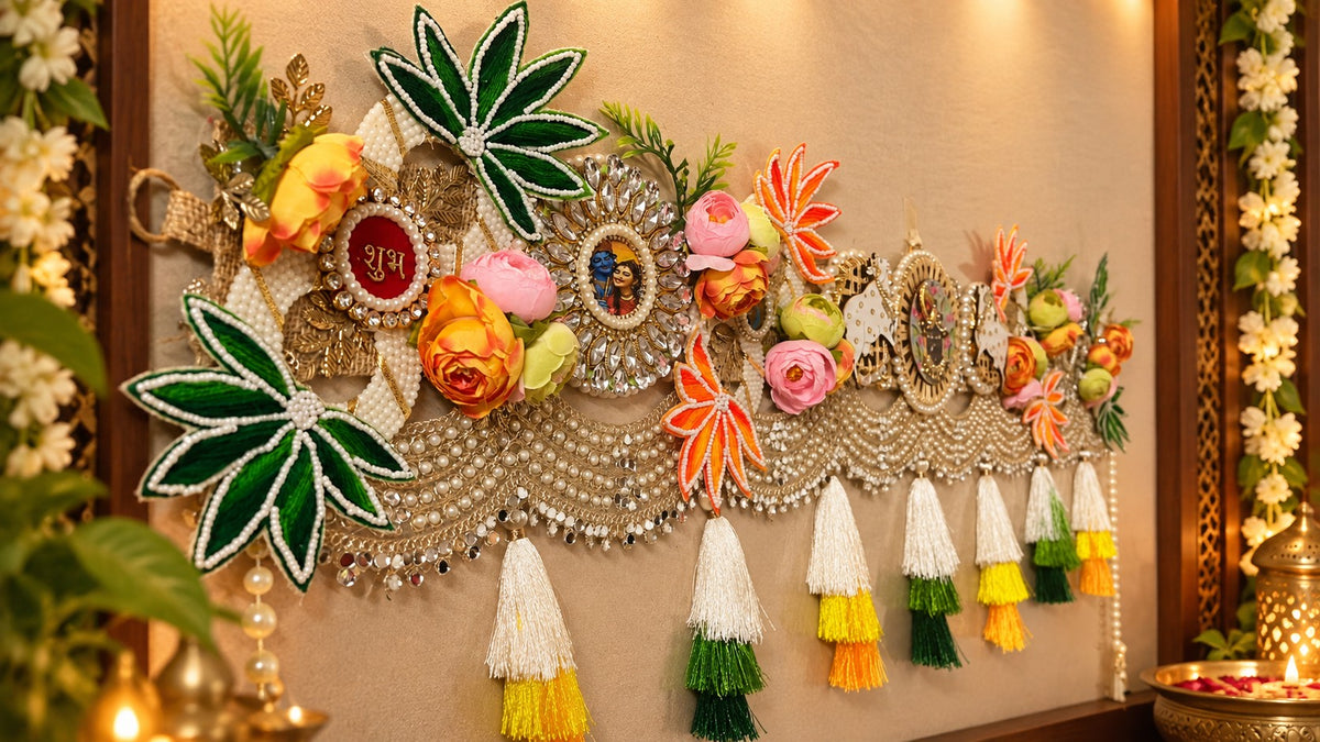 Decorative Handmade Toran Door Valance, Green Orange Floral Design with Kundan, Jarkan & handmade patches Work, Pearl Beading, Tassel Trim, Traditional Indian Style