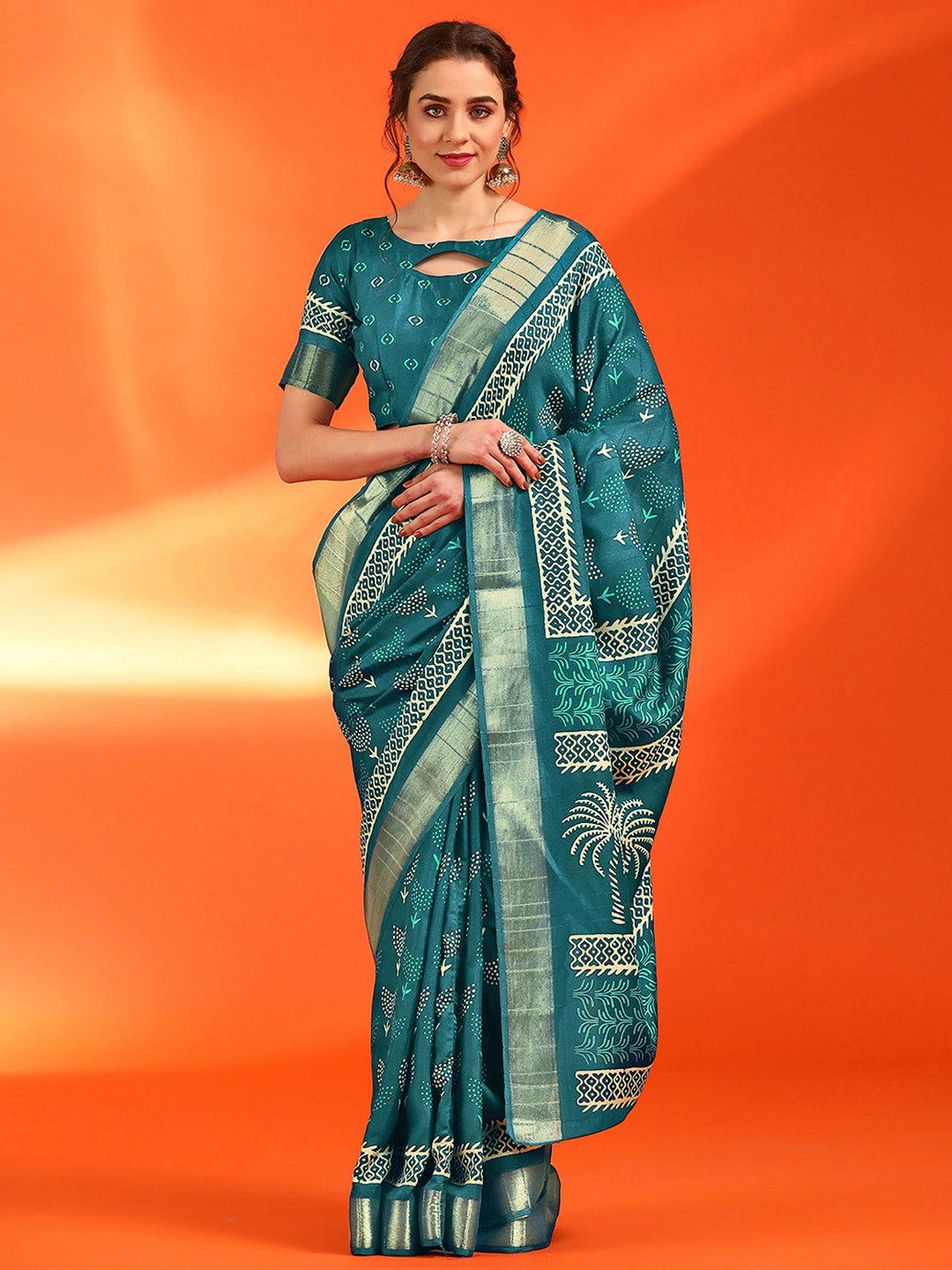 Women's Cotton Silk Blue Printed Designer Saree With Blouse Piece