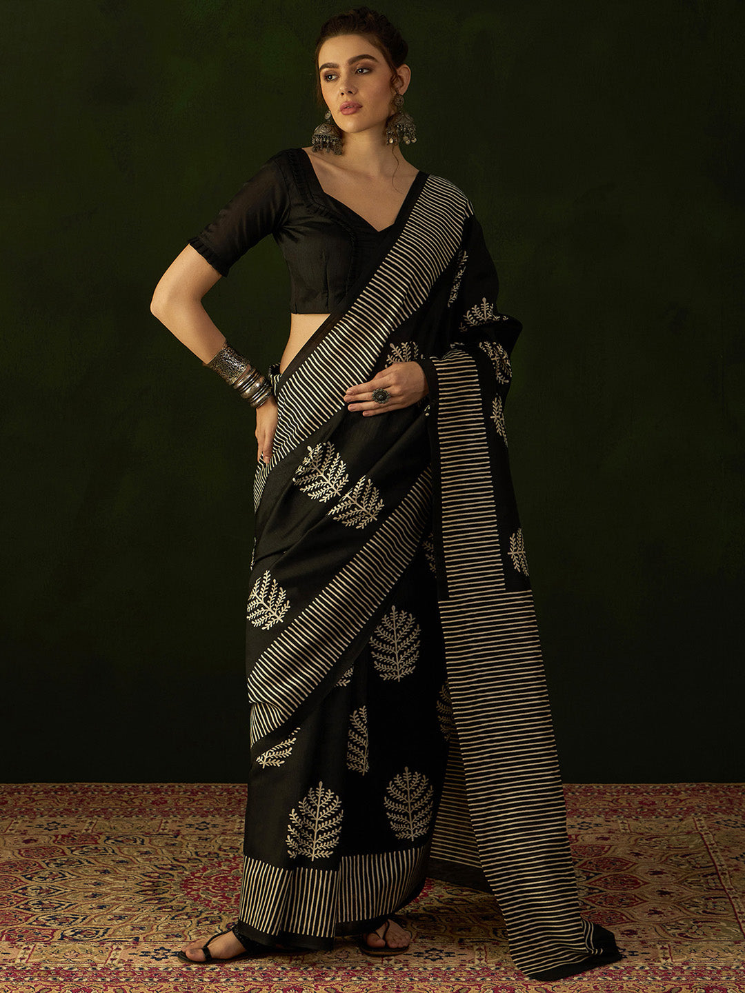 Women's Bhagalpuri Silk Black Printed Designer Saree With Blouse Piece