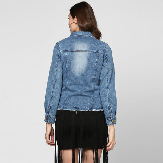 Women's Blue Distressed Denim Jacket