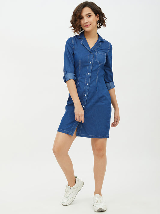 StyleStone Women's Denim Lapel Collar Shirt Dress