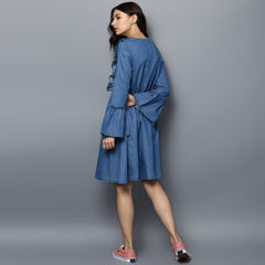Women's Denim Draw String and Bell Sleeve Dress