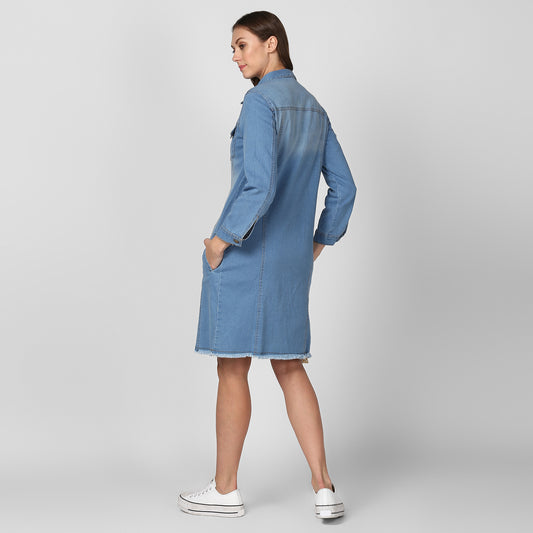Women's Ice Blue Long Overcoat Style Denim Jacket with Washed effect