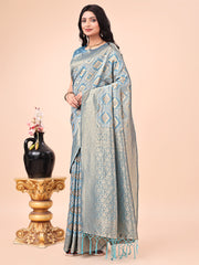 Graceful Pink Lichi Silk Saree with Contrast Blue Woven Border & Floral Zari Design – Wedding & Festive Wear