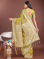 Elegant Olive Green Linen Cotton Saree with Zari Border & Woven Motifs – Perfect for Sophisticated Everyday & Festive Looks