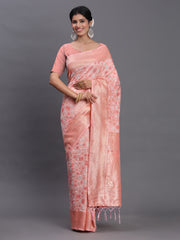 Sky Blue Linen Cotton Saree with Silver Zari Weave & Tassels – Festive & Elegant Office Wear