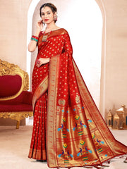 Pink Kanjivaram Silk Saree with Golden Zari and Colorful Peacock Woven Pallu Design
