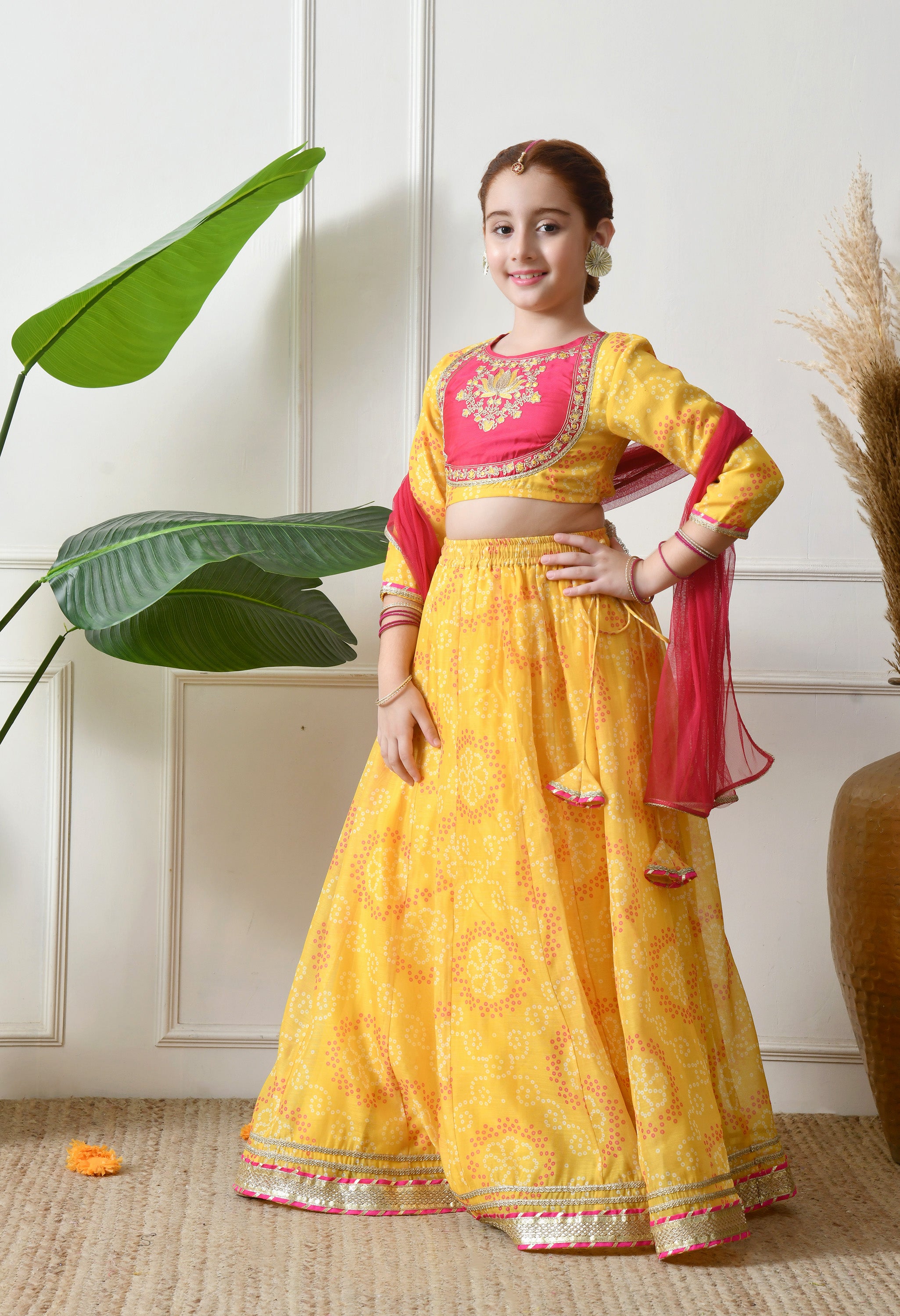 Girls Yellow Embroidered Lehenga Choli Set with Dupatta