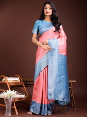 Graceful Orange & Maroon Banarasi Silk Saree with Rich Zari Woven Border – Traditional Elegance for Celebrations