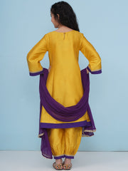 Solid Three-Fourth Sleeves Above Knee Length Silk Kurta & Salwar With Dupatta - Yellow