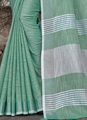 Elegant Peach Woven Linen Saree with Contrast Zari Border & Tassels – Soft & Breathable Party Wear