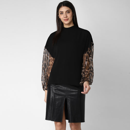 Women's Black top with Animal Print Sleeve