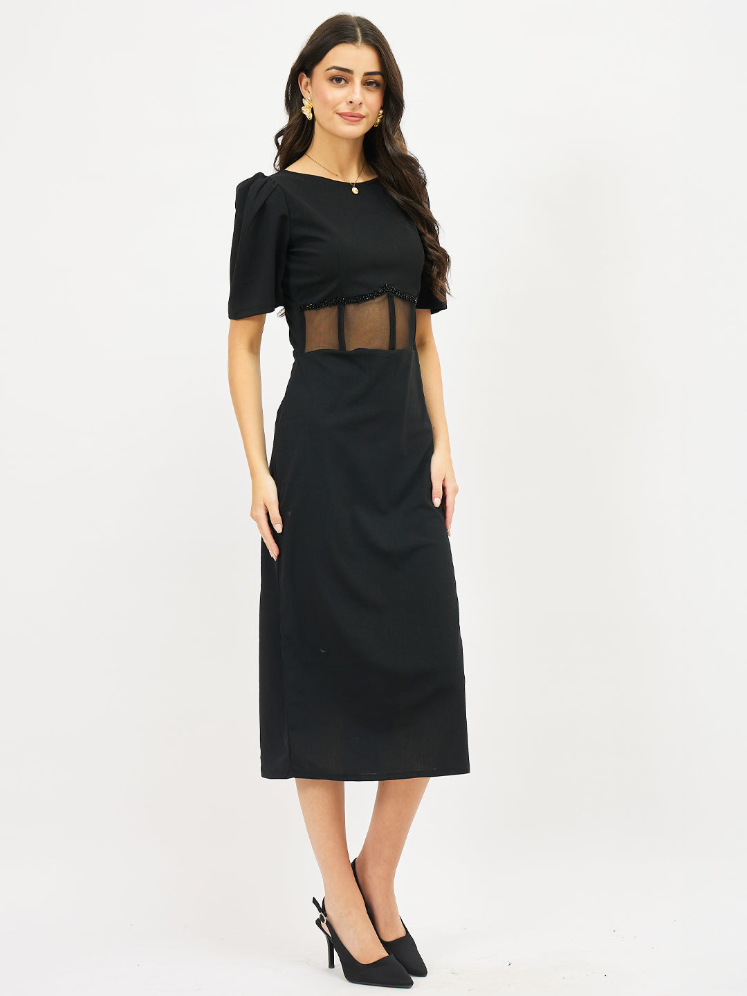 Puff Sleeve Scuba Bodycon Midi Dress