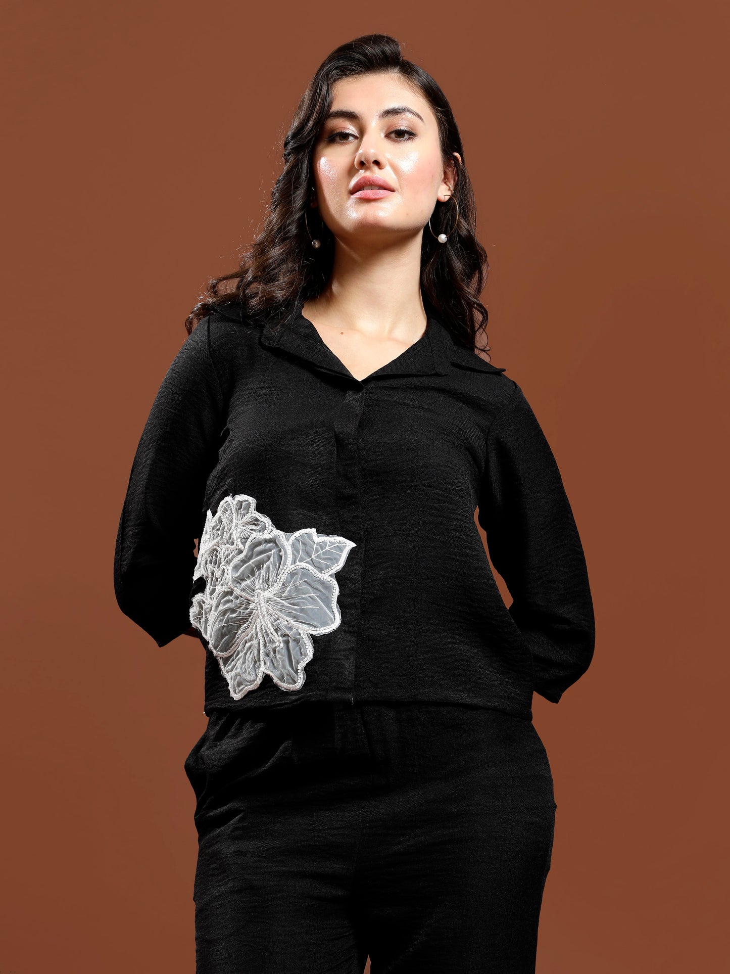 Floral Embellished Patchwork Linen Shirt & Trousers