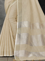Elegant Peach Woven Linen Saree with Contrast Zari Border & Tassels – Soft & Breathable Party Wear