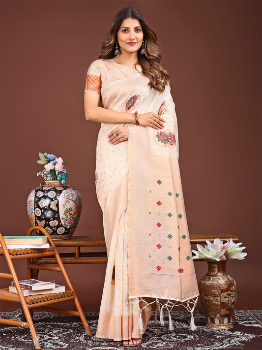 Elegant Cream Woven Work Saree – A Whiff of Tradition Wrapped in Grace