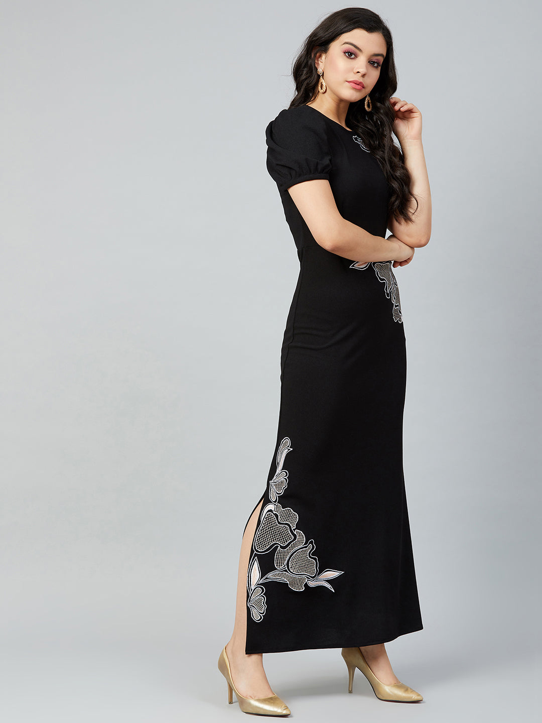 Women Embroidered Puff Sleeve Sheath Maxi Dress